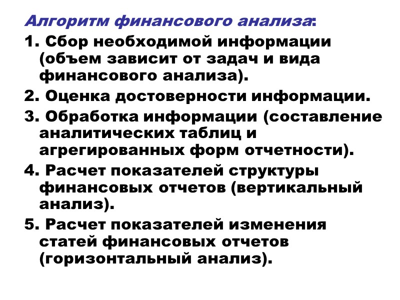 Алгоритм финансового анализа: 1. Сбор необходимой информации (объем зависит от задач и вида финансового